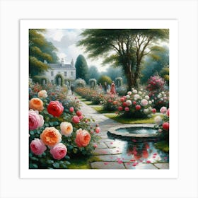 Rose Garden With The Fountain, Acrylic Style Painting 3 Art Print