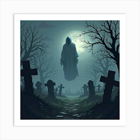 Ghostly Figure Floating Above An Old Graveyard 1 Art Print