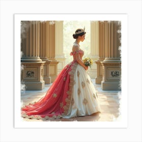 Watercolor Scene Of Queen Elizabeth I, Majestic Backdrop, Royal Gown 1 Art Print