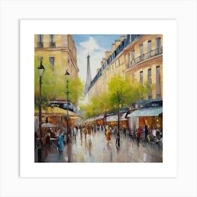 Paris Street.Paris city, pedestrians, cafes, oil paints, spring colors. Art Print