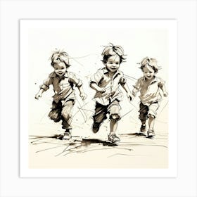 Single Line Drawings Of The Small Boys Playing Design , Three Boys Art Print