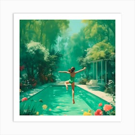 Girl Jumping Into A Pool Art Print