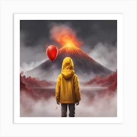 A Boy Wearing A Yellow Rain Coat Holding A Red Ballon Standing In Front Of A Smokey Volcano Digital Art Art Print