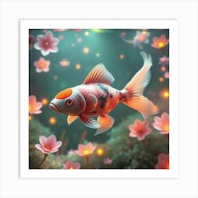 Mystical Koi Fish With Flower Shaped Scales Swimming In A Glowing, Surreal Underwater Paradise 1 Art Print