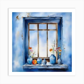 Blue wall. Open window. From inside an old-style room. Silver in the middle. There are several small pottery jars next to the window. There are flowers in the jars Spring oil colors. Wall painting.48 Art Print