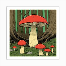 Red Mushrooms In The Forest Art Print