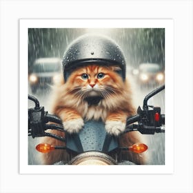 Cat Riding Motorcycle In Rain 1 Art Print