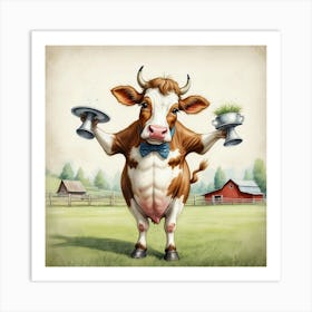 Cow Holding Two Plates Art Print