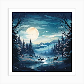 Winter Landscape With Deer for Christmas Art Print