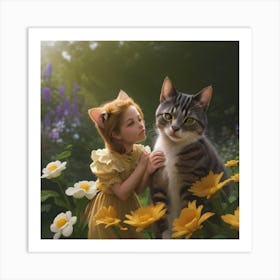 Cat And A Girl Art Print