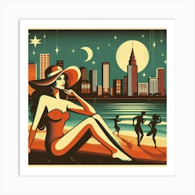 Girl At The Beach Vintage Poster Art Print