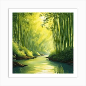 A Stream In A Bamboo Forest At Sun Rise Square Composition 24 Art Print