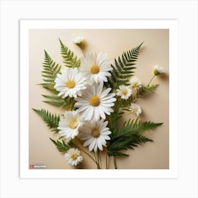 Firefly Delicate Daisy Like Flowers In White, With Fern Accents, On A Smooth Ivory Backdrop 2 Art Print