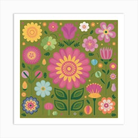 Flowers On A Green Background 2 Art Print