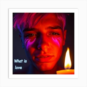 Low Angle Portrait, Warm Candlelight Illuminating An Androgynous Face With Contrasting Neon Lights, Pinks, Oranges, Blues, And Purples Conveying Joy And Sadness Art Print