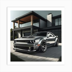 Silver Grey Dodge Hellcat With Full Body Kit In Front Of Modern House 2 Art Print