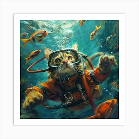 Adventurous Cat In Scuba Gear, Swimming Underwater With Colorful Fish, Playful And Curious Explorer Art Print