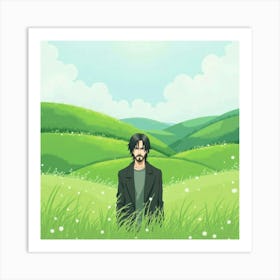 Keanu Reeves In A Tranquil Watercolor Landscape Of Rolling Green Hills Art Print