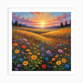 Wildflowers Sunset, Square Retro Art, Flower Fields Art Print 3 Art Print