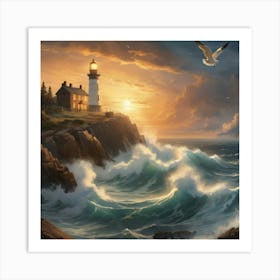 Albedobase Xl Majestic Lighthouse On Rocky Cliff Crashing Wave 2 Art Print