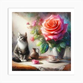 Cat And Roses Art Print