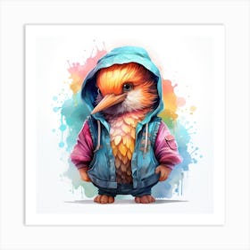 Watercolour Cartoon Hummingbird In A Hoodie 1 Art Print