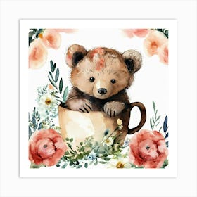 A Cute Bear Baby In Mug cute bear baby in mug ,flowers around, watercolor style Art Print