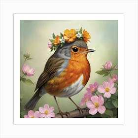 Bird With A Flower Crown European Robin Art Print 3 Art Print