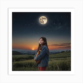 Asian Girl Standing Under The Moon Art Print
