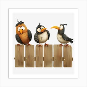 Cartoon Birds On Wooden Fence Art Print