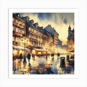 Watercolor Of A City At Night Art Print Art Print