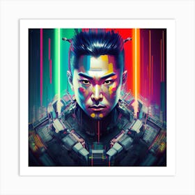 Olpntng Style Cyberpunk Samurai In A Neon Lit Megacity Art Print