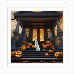 Halloween Cat In Front Of House 19 Art Print