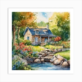 watercolor painting of a small stone house and flower garden with a blue river flowing Art Print