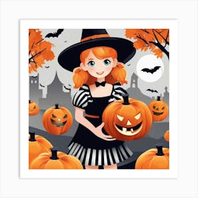 Halloween Girl With Pumpkins Art Print