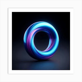 A 3D rendering of a glowing blue and purple torus on a black background. The torus is made of a smooth, reflective material that seems to glow from within. It is lit by a bright light source that is positioned to the right of the torus. The torus is in focus, and the background is slightly blurred, which creates a sense of depth. Art Print