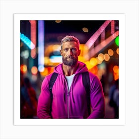 Young Man In Pink Hoodie Standing In The City Art Print