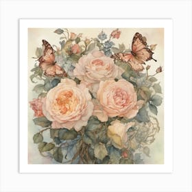 Roses And Butterflies Art Print