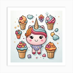 Cute Unicorn With Cupcakes Art Print