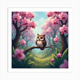 Owl In A Blooming Orchid Grove 1 Art Print