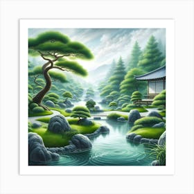 Japanese Garden - peaceful depiction of a Zen garden with a tranquil pond and flowing water features Art Print