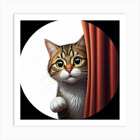 Cat Peeking Out Of Curtain Art Print