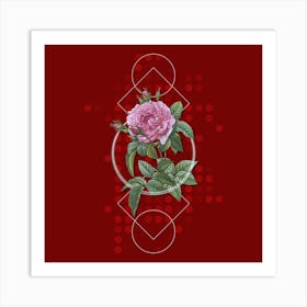 Vintage Pink French Rose Botanical with Geometric Line Motif and Dot Pattern n.0038 Art Print