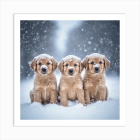 Golden Retriever Puppies In The Snow Art Print