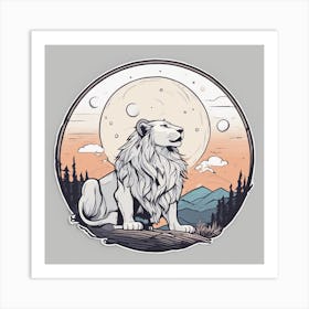 Sticker Art Design, Lion Howling To A Full Moon, Kawaii Illustration, White Background, Flat Colors, (2) Art Print