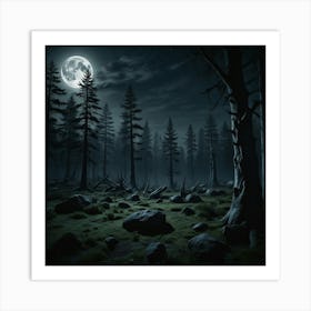 Moonlit Forest With Strange Rock Art Print