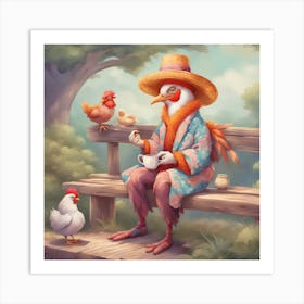 Chickens On A Bench Art Print