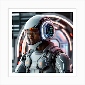 The Image Depicts A Alpha Male In A Stronger Futuristic Suit With A Digital Music Streaming Display 3 Art Print