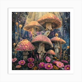 Mushrooms And Flowers, Pop Surrealism, Lowbrow Art Print