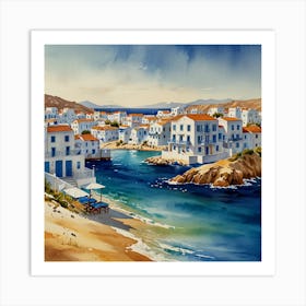 Mykonos Town.Summer on a Greek island. Sea. Sand beach. White houses. Blue roofs. The beauty of the place. Watercolor. Art Print